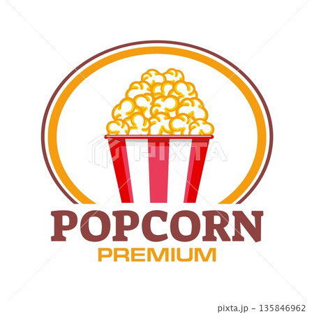 Movie popcorn icon or cinema pop corn snack label, vector badge. Popcorn bucket with red stripes full of caramel flavor kernels or salty snack for cinema movie bar or movie fast food menu 135846962