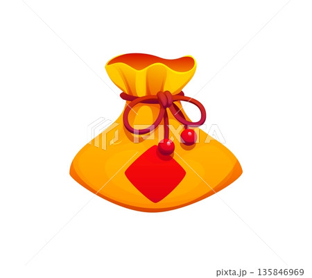 Chinese golden fortune pouch tied with red cord and rhombus symbol. Traditional cartoon vector lucky money bag for Lunar New Year celebration, representing wealth, prosperity and good fortune in Asia 135846969