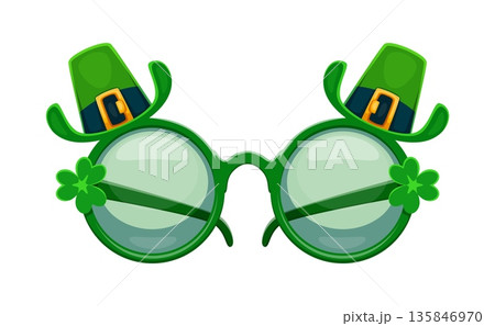 St Patricks day holiday leprechaun round glasses. Irish spring holiday isolated object, Saint Patrick holiday cartoon vector attribute. Ireland celebration round sunglasses with green hat and clovers St Patricks day holiday leprechaun round glasses. Irish spring holiday isolated object, Saint Patrick holiday cartoon vector attribute. Ireland celebration round sunglasses with green hat and clovers 135846970