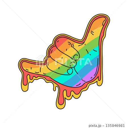 Cartoon groovy hippie hand gesture and rainbow melt, vector sign. Retro groovy funky symbol of shaka hand gesture in hippie art with rainbow for love, peace, and pride sign or positive vibes emoji 135846981