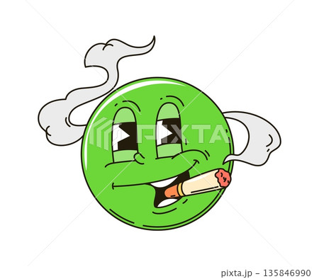 Cartoon groovy hippie smile or funny emoji face smoking cigarette, vector symbol. Retro groovy funky smile or hippie emoticon with green face and psychedelic quirky trippy expression for y2k emoji Cartoon groovy hippie smile or funny emoji face smoking cigarette, vector symbol. Retro groovy funky smile or hippie emoticon with green face and psychedelic quirky trippy expression for y2k emoji 135846990