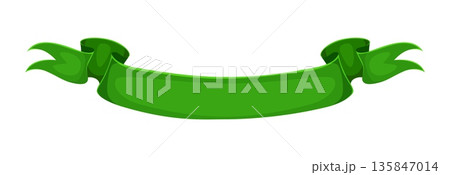 Happy St Patrick day green banner, symbol of Irish culture. Cartoon vector festive ribbon with curled edges, template for labels, titles, announcements, represent national spirit, cultural celebration 135847014