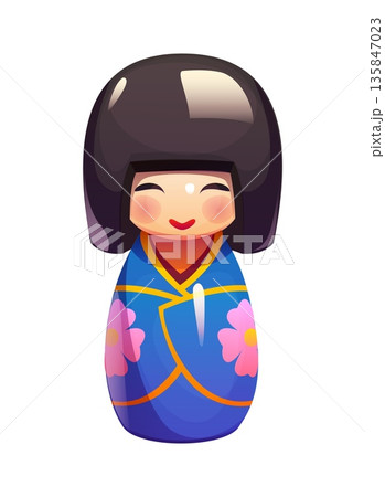 Japanese toy doll, kokeshi wooden girl in kimono dress, cartoon vector. Japan culture and handicraft art toy of traditional Japanese kokeshi doll with cute face in geisha costume and kawaii hairstyle Japanese toy doll, kokeshi wooden girl in kimono dress, cartoon vector. Japan culture and handicraft art toy of traditional Japanese kokeshi doll with cute face in geisha costume and kawaii hairstyle 135847023