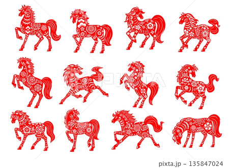 Papercut Chinese lunar New Year horses in Asian...のイラスト素材 [135847024 ...