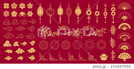Asian oriental design elements of Chinese, Japanese, and Korean flower ornaments, vector icons. Bamboo, wave clouds and paper lantern, traditional knots or fireworks, sakura and fan Chinese elements Asian oriental design elements of Chinese, Japanese, and Korean flower ornaments, vector icons. Bamboo, wave clouds and paper lantern, traditional knots or fireworks, sakura and fan Chinese elements 135847058