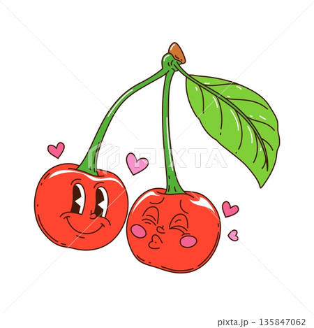 Cartoon groovy pair of cherry characters in a sweet moment. Hippie funky vector personages kissing on the cheek. Trippy symbol for retro stickers, fun emojis, playful merchandise, or cheerful prints 135847062