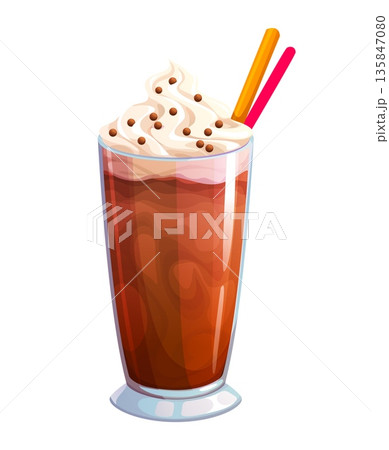 Sweet iced coffee dessert drink. Whipped cream topping with chocolate sprinkles. Vector cartoon glass features with chocolate cocoa and whipped cream for cafe and restaurant menus, takeaway promotion Sweet iced coffee dessert drink. Whipped cream topping with chocolate sprinkles. Vector cartoon glass features with chocolate cocoa and whipped cream for cafe and restaurant menus, takeaway promotion 135847080