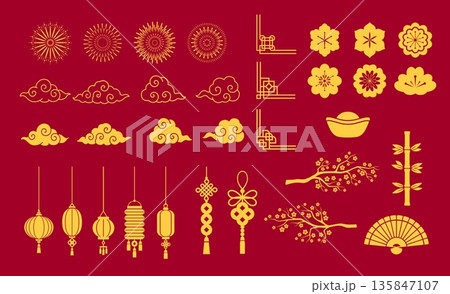 Asian oriental design elements of Chinese, Japanese and Korean ornaments, vector icons. Chinese frames and design elements of cloud and lucky knot, fan and bamboo with yuanbao ingot sycee and lanterns 135847107