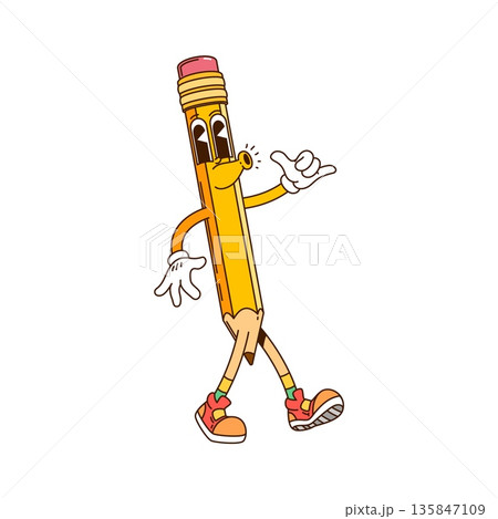 Groovy pencil, school education cartoon character with funky face, vector emoji. Groovy pencil character with eraser and silly smile, whistling song melody, student supply or Y2K stationery emoticon 135847109
