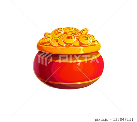 Cartoon Chinese Lunar New Year red pot filled with golden coins, symbolizing CNY holiday, wealth, fortune, prosperity. Vector festive icon or game asset with traditional shiny money treasure abundance Cartoon Chinese Lunar New Year red pot filled with golden coins, symbolizing CNY holiday, wealth, fortune, prosperity. Vector festive icon or game asset with traditional shiny money treasure abundance 135847111