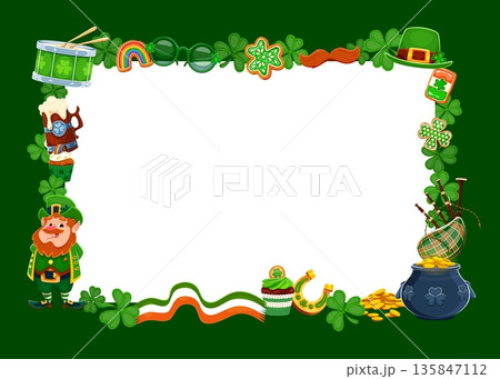Happy saint Patrick's day holiday frame, greeting card template with joyful cartoon leprechaun, clovers, gold coins, hat, pot, rainbow and Celtic items. Vector border for festive Irish holiday events Happy saint Patrick's day holiday frame, greeting card template with joyful cartoon leprechaun, clovers, gold coins, hat, pot, rainbow and Celtic items. Vector border for festive Irish holiday events 135847112