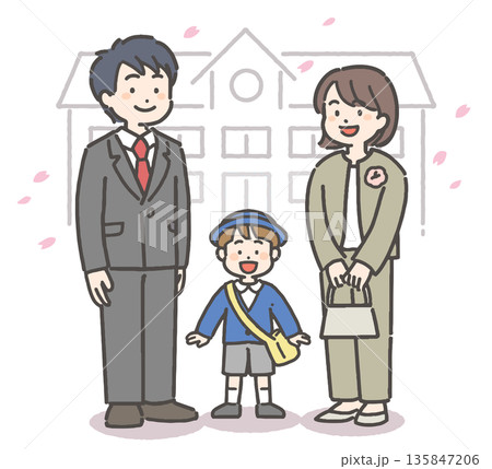 桜吹雪の中、制服を着た笑顔の男の子の園児と家族 桜吹雪の中、制服を着た笑顔の男の子の園児と家族 135847206