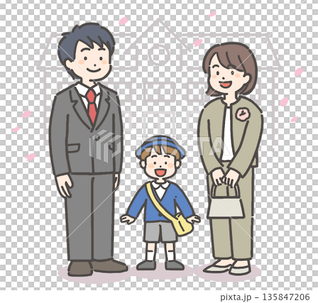 櫻花暴雨中，一個身穿制服、笑容燦爛的男孩和他的家人在一起。 135847206