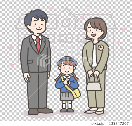 櫻花暴雨中，一位身穿校服、笑容燦爛的幼兒園小女孩和她的家人合影。 135847207