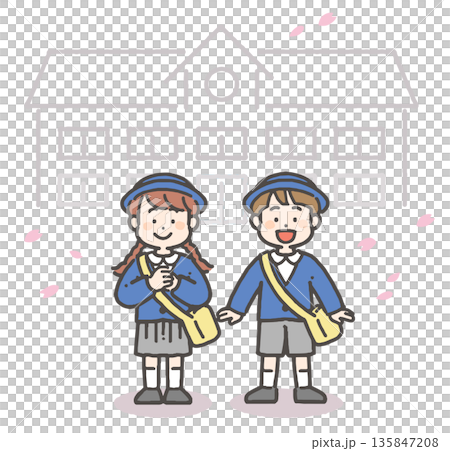 身著制服的男孩女孩們笑容燦爛，周圍飄落著漫天櫻花花瓣。 135847208