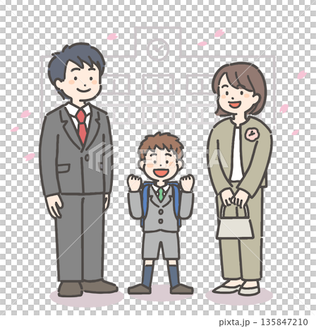 櫻花暴雨中，一位笑容燦爛的小學生和他的家人在一起。 135847210