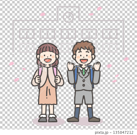 櫻花風暴中，笑容燦爛的小學生們 135847212