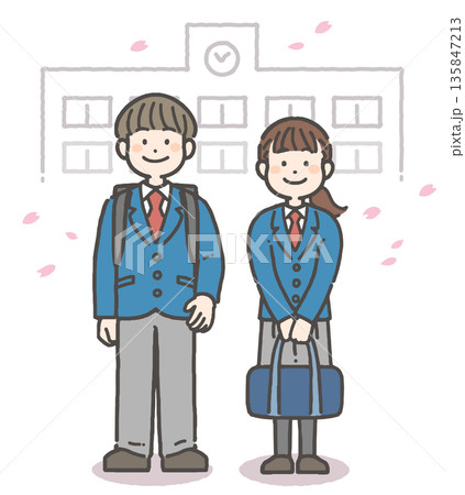 桜吹雪の中、笑顔の男の子と女の子の中学生・高校生 135847213