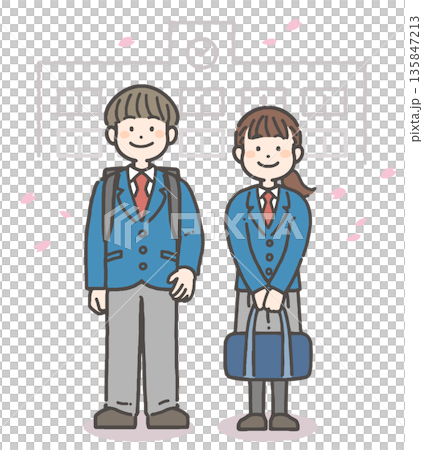 桜吹雪の中、笑顔の男の子と女の子の中学生・高校生 135847213