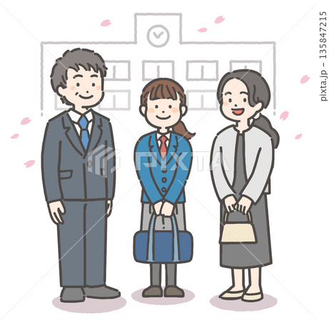 桜吹雪の中、笑顔の女の子の中学生・高校生と家族 135847215