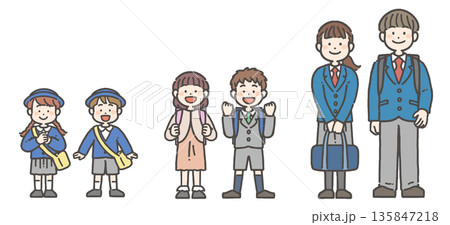 制服姿の園児、小学生、中学生・高校生の笑顔の立ち姿のセット 135847218