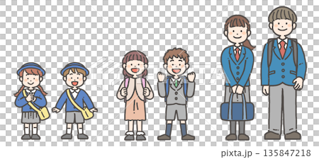 制服姿の園児、小学生、中学生・高校生の笑顔の立ち姿のセット 135847218