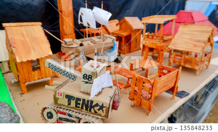 Various Cardboard and Wood Recycled Handicraft Models Various Cardboard and Wood Recycled Handicraft Models 135848233