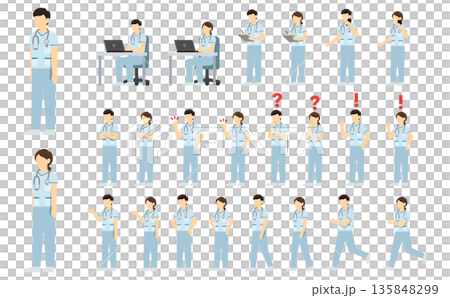 平面插畫:男女護士套裝(白色制服) 平面插畫:男女護士套裝(白色制服) 135848299