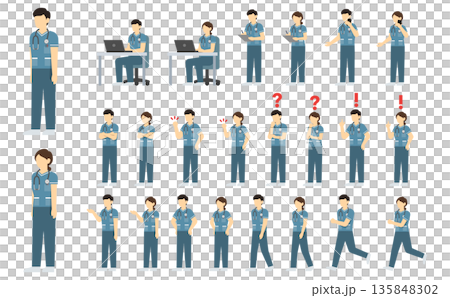 平面插畫:男女護士套裝(綠色制服) 平面插畫:男女護士套裝(綠色制服) 135848302