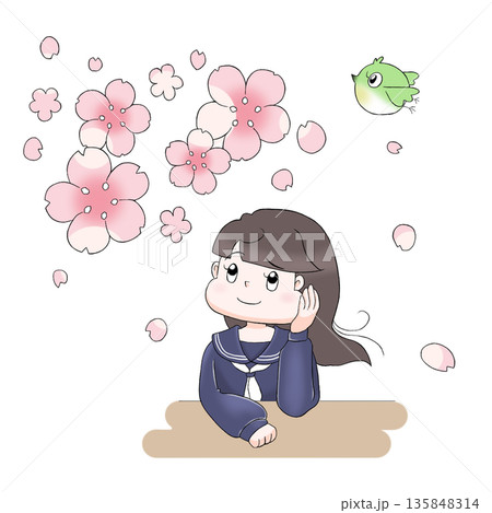 桜と寂しそうなセーラー服の女の子 桜と寂しそうなセーラー服の女の子 135848314