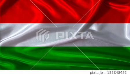 National flag of Hungary with cloth texture. Hungary flag with realistic texture background 135848422