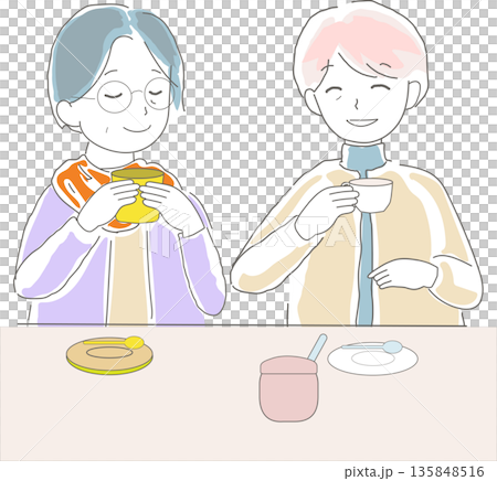 Illustration of senior women relaxing at a cafe between trips and shopping Illustration of senior women relaxing at a cafe between trips and shopping 135848516