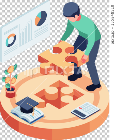 Isometric Man Solving Financial Literacy Puzzle Isometric Man Solving Financial Literacy Puzzle 135848519