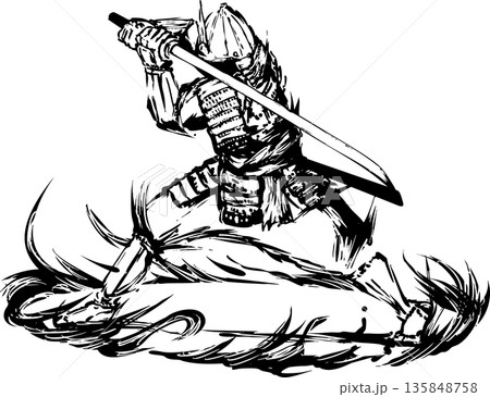 刀を構える侍の墨絵イラスト 135848758
