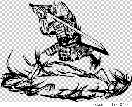 刀を構える侍の墨絵イラスト 135848758