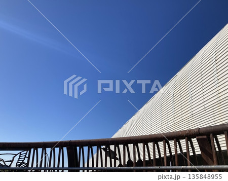 青空に映え歩道橋から飛び立つ鳥 135848955