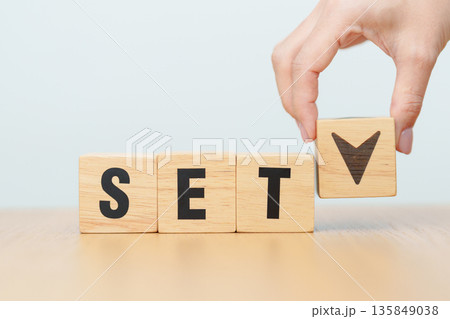Hand change wooden block with SET text or The Stock Exchange of Thailand to UP and Down arrow symbol icon. decrease and increase, price, stocks, financial, trade, value and Cut loss concept Hand change wooden block with SET text or The Stock Exchange of Thailand to UP and Down arrow symbol icon. decrease and increase, price, stocks, financial, trade, value and Cut loss concept 135849038