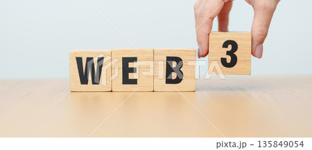 wooden block of WEB 3. Centralization, Blockchain, Decentralization, Social Media, Application Programming Interface, finance and Technology concept 135849054