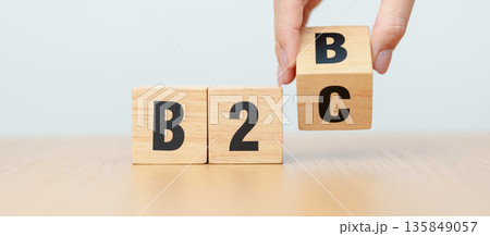 hand change wooden block from B2C to B2B. Business to Business and Business to Customer, ECommerce, Marketplace, marketing, Logistics and technology concept 135849057