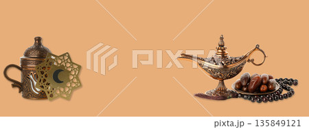 Ramadan decorations highlighting tradition and festivity on beige Ramadan decorations highlighting tradition and festivity on beige 135849121