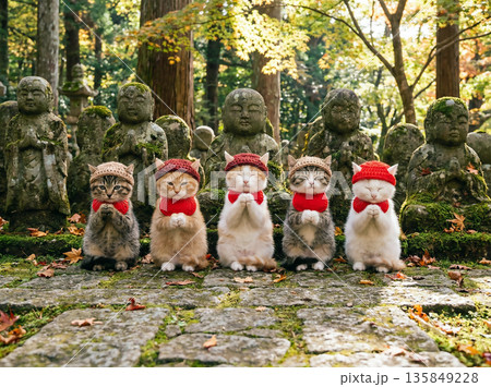 道に並んでいるお地蔵たちさんと同じようなポーズで座っているかわいい子ねこたち 道に並んでいるお地蔵たちさんと同じようなポーズで座っているかわいい子ねこたち 135849228