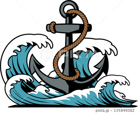 Anchor with Rope in Ocean Waves Cartoon Illustration Anchor with Rope in Ocean Waves Cartoon Illustration 135849382