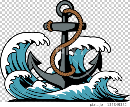 Anchor with Rope in Ocean Waves Cartoon Illustration Anchor with Rope in Ocean Waves Cartoon Illustration 135849382