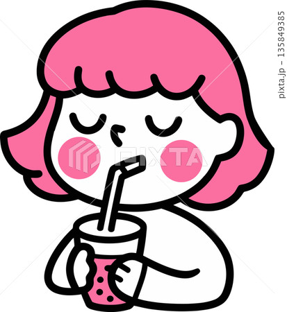 Pink-Haired Girl Drinking Bubble Tea Cartoon Illustration 135849385