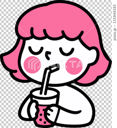 Pink-Haired Girl Drinking Bubble Tea Cartoon Illustration 135849385
