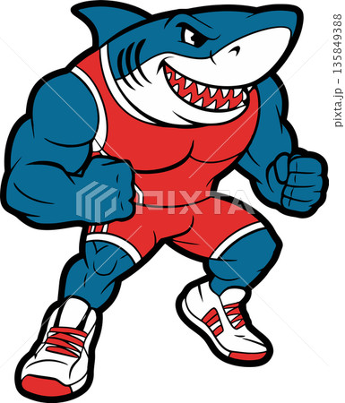 Muscular Shark Athlete in Red Sportswear Cartoon Mascot Illustration 135849388