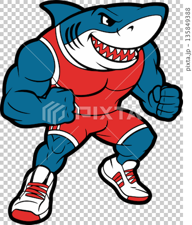 Muscular Shark Athlete in Red Sportswear Cartoon Mascot Illustration 135849388