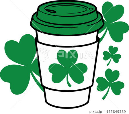 St. Patricks Day Coffee Cup with Shamrocks Cartoon Illustration St. Patricks Day Coffee Cup with Shamrocks Cartoon Illustration 135849389