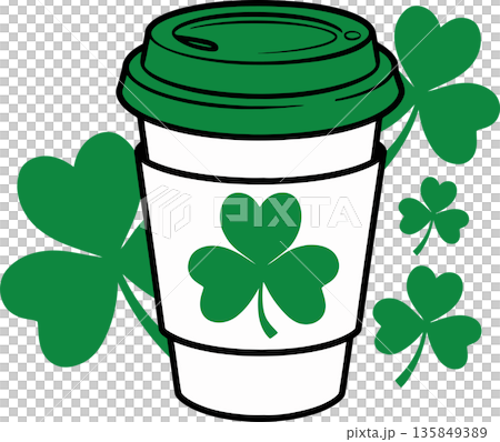 St. Patricks Day Coffee Cup with Shamrocks Cartoon Illustration St. Patricks Day Coffee Cup with Shamrocks Cartoon Illustration 135849389