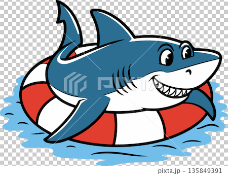 Smiling Shark in Lifebuoy Floating on Water Cartoon Illustration 135849391